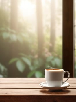 Latte, coffee or cappuccino mug on wooden table in a cafe, beautiful with natural light, vintage tones, food and drink. Copy space for text banner.