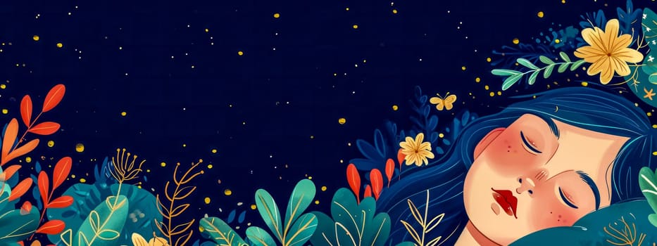 person at rest, surrounded by an array of vibrant, stylized flora under a starry night sky, creating a serene and dreamy atmosphere, banner with copy space