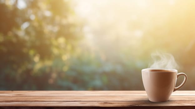 Latte, coffee or cappuccino mug on wooden table in a cafe, beautiful with natural light, vintage tones, food and drink. Copy space for text banner.