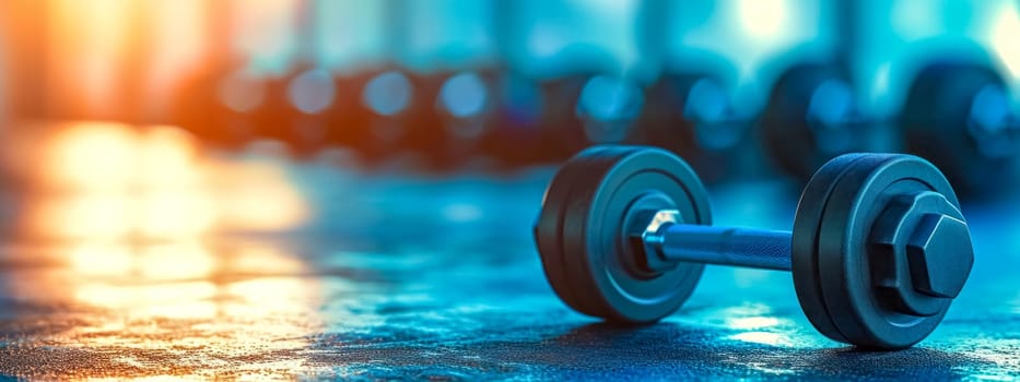 single dumbbell in focus on textured floor with a backdrop of unfocused gym equipment and vibrant lens flare effects, conveying a sense of energy and determination associated with fitness and training