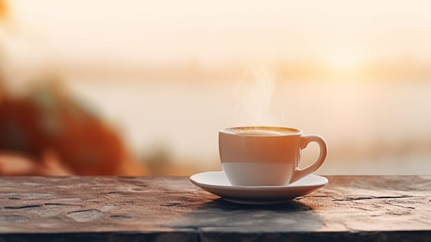 Latte, coffee or cappuccino mug on wooden table in a cafe, beautiful with natural light, vintage tones, food and drink. Copy space for text banner.