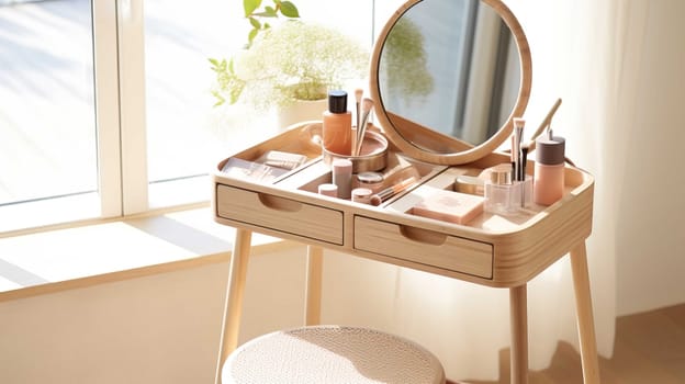 A stylish rattan wooden dressing table in sunlight, with the drawer ajar. Various beauty products , Generate AI