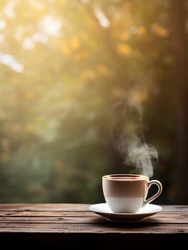 Latte, coffee or cappuccino mug on wooden table in a cafe, beautiful with natural light, vintage tones, food and drink. Copy space for text banner.