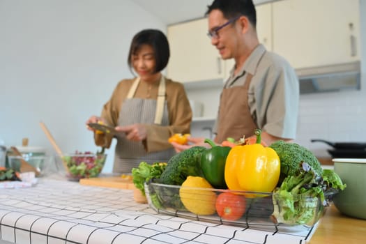 Shot of a happy senior couple cooking vegan vegetarian food meal in kitchen. Healthy eating concept.