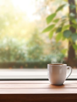 Latte, coffee or cappuccino mug on wooden table in a cafe, beautiful with natural light, vintage tones, food and drink. Copy space for text banner.