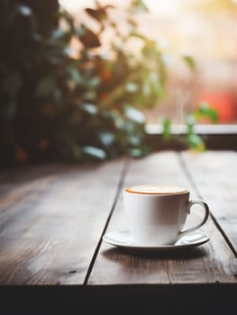 Latte, coffee or cappuccino mug on wooden table in a cafe, beautiful with natural light, vintage tones, food and drink. Copy space for text banner.