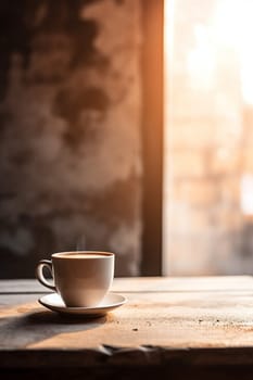 Latte, coffee or cappuccino mug on wooden table in a cafe, beautiful with natural light, vintage tones, food and drink. Copy space for text banner.