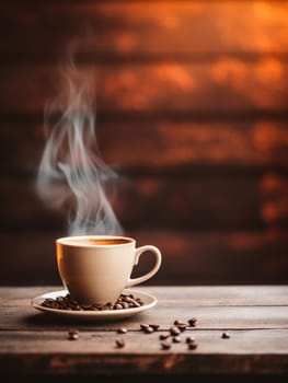 Latte, coffee or cappuccino mug on wooden table in a cafe, beautiful with natural light, vintage tones, food and drink. Copy space for text banner.