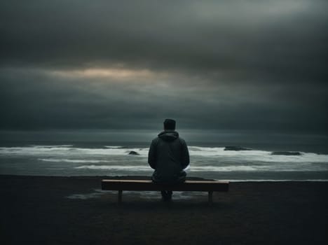 A man peacefully sits on a lonely bench, enjoying the serene view of the vast ocean.