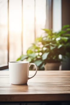 Latte, coffee or cappuccino mug on wooden table in a cafe, beautiful with natural light, vintage tones, food and drink. Copy space for text banner.