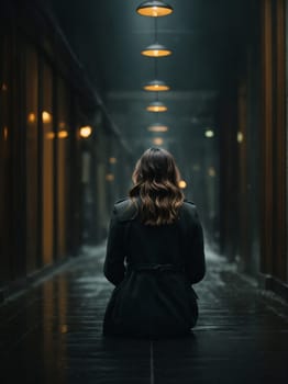 A woman sits silently in the dark hallway, waiting anxiously for someones arrival.