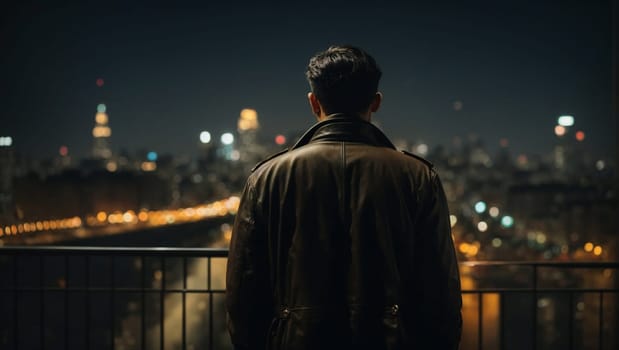 A man stands on a high vantage point and observes a breathtaking view of the city lights at night.