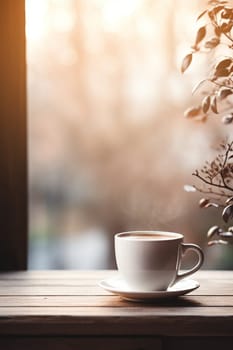 Latte, coffee or cappuccino mug on wooden table in a cafe, beautiful with natural light, vintage tones, food and drink. Copy space for text banner.