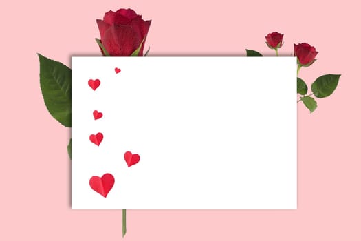 Women's day greeting card. Red roses and red heart's box on pink background with space for your greetings, mock up
