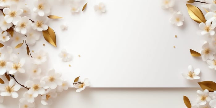 Spring decorations background with beautiful white wild flowers. Copy space for text banner