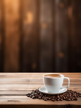 Latte, coffee or cappuccino mug on wooden table in a cafe, beautiful with natural light, vintage tones, food and drink. Copy space for text banner.