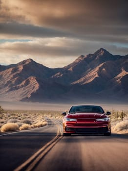 A red car cruises along a dusty desert road, showcasing the beauty of the barren, sandy landscape.