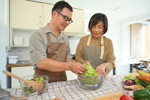 Happy middle couple preparing health lunch in cozy kitchen. Healthy lifestyle and food nutrition concept.