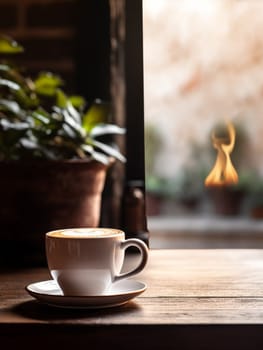 Latte, coffee or cappuccino mug on wooden table in a cafe, beautiful with natural light, vintage tones, food and drink. Copy space for text banner.