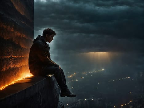 A man sits on top of a building next to a fire, creating an urban scene filled with danger and bravery.