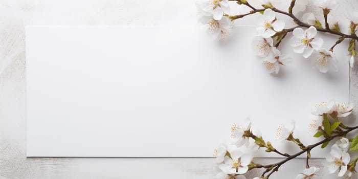 Spring decorations background with beautiful white wild flowers. Copy space for text banner