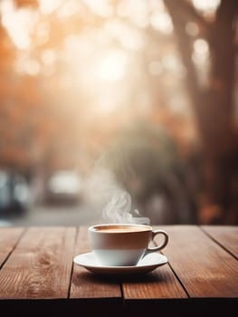 Latte, coffee or cappuccino mug on wooden table in a cafe, beautiful with natural light, vintage tones, food and drink. Copy space for text banner.