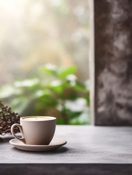 Latte, coffee or cappuccino mug on wooden table in a cafe, beautiful with natural light, vintage tones, food and drink. Copy space for text banner.