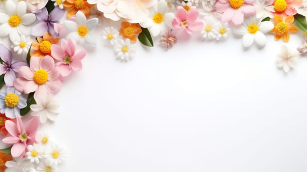 Spring and summer decorations background with beautiful wild flowers. Copy space for text banner