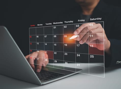 Businessman marking dates on virtual calendar, managing his business schedule, setting reminders for important appointments, creative collage for planning ideas, appointment scheduler