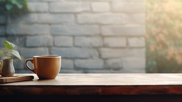 Latte, coffee or cappuccino mug on wooden table in a cafe, beautiful with natural light, vintage tones, food and drink. Copy space for text banner.