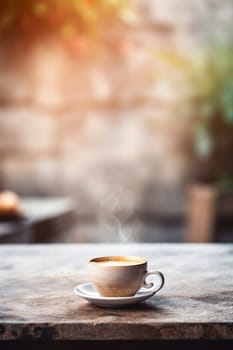 Latte, coffee or cappuccino mug on wooden table in a cafe, beautiful with natural light, vintage tones, food and drink. Copy space for text banner.