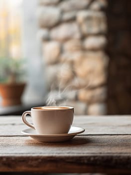 Latte, coffee or cappuccino mug on wooden table in a cafe, beautiful with natural light, vintage tones, food and drink. Copy space for text banner.