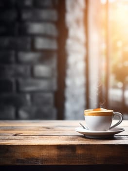 Latte, coffee or cappuccino mug on wooden table in a cafe, beautiful with natural light, vintage tones, food and drink. Copy space for text banner.