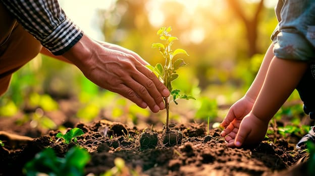 A child plants a tree in the garden. Selective focus. Nature.