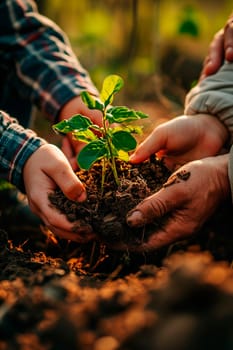 A child plants a tree in the garden. Selective focus. Nature.