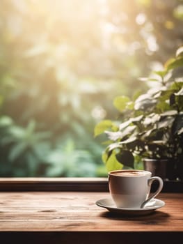 Latte, coffee or cappuccino mug on wooden table in a cafe, beautiful with natural light, vintage tones, food and drink. Copy space for text banner.