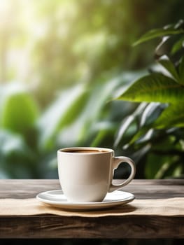 Latte, coffee or cappuccino mug on wooden table in a cafe, beautiful with natural light, vintage tones, food and drink. Copy space for text banner.