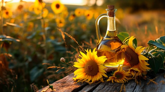 Sunflower oil on a table in the garden. Selective focus. Food.