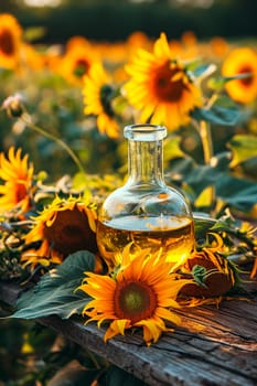 Sunflower oil on a table in the garden. Selective focus. Food.