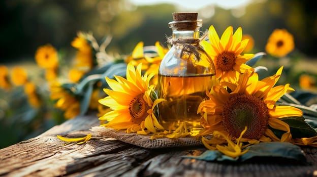 Sunflower oil on a table in the garden. Selective focus. Food.