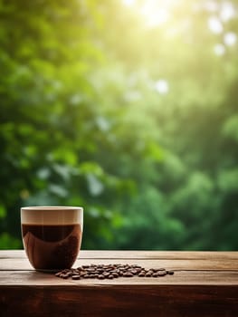 Latte, coffee or cappuccino mug on wooden table in a cafe, beautiful with natural light, vintage tones, food and drink. Copy space for text banner.