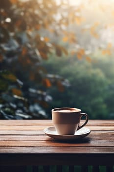 Latte, coffee or cappuccino mug on wooden table in a cafe, beautiful with natural light, vintage tones, food and drink. Copy space for text banner.