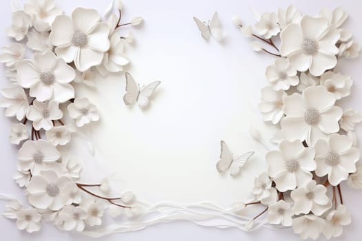 Spring decorations background with beautiful white wild flowers. Copy space for text banner