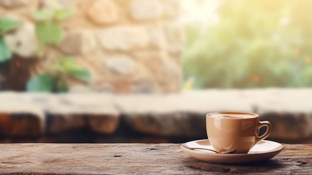 Latte, coffee or cappuccino mug on wooden table in a cafe, beautiful with natural light, vintage tones, food and drink. Copy space for text banner.