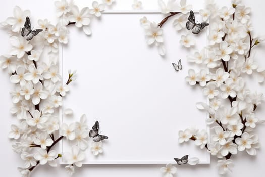 Spring decorations background with beautiful white wild flowers. Copy space for text banner