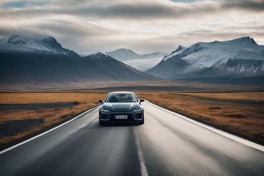 A car drives down a scenic road with majestic mountains as a beautiful backdrop.