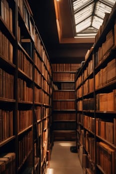 This image features a lengthy series of shelves brimming with an extensive collection of books.