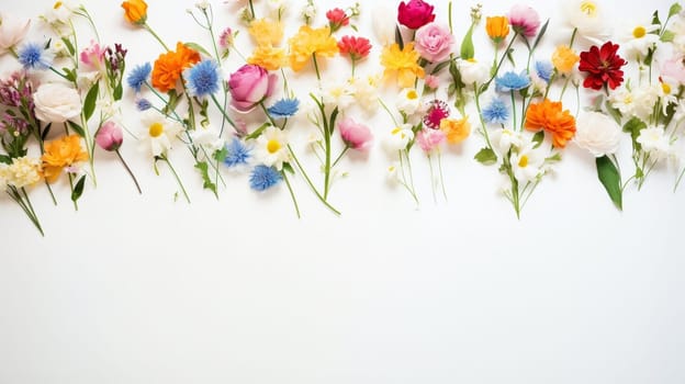 Spring and summer decorations background with beautiful wild flowers. Copy space for text banner