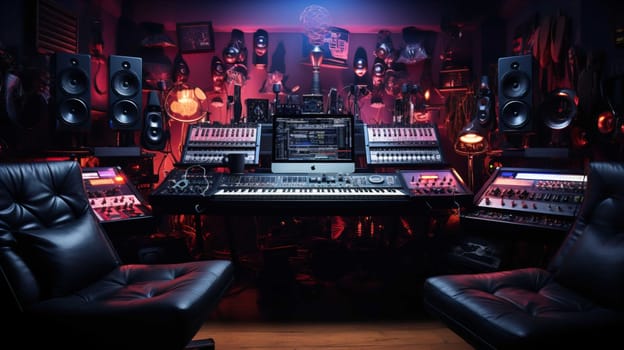  modern music studio room complete with musical instruments, good lighting, cyber punk fashion , Generate AI