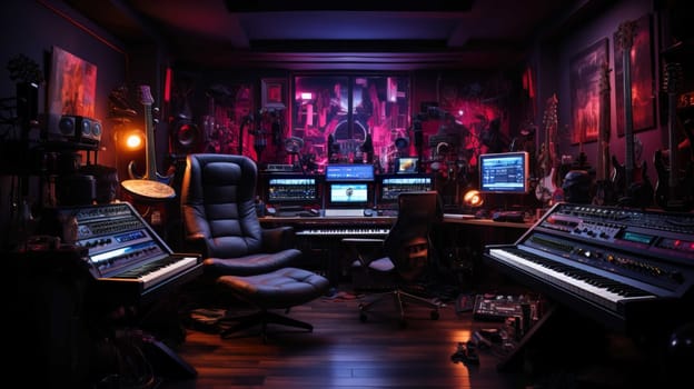  modern music studio room complete with musical instruments, good lighting, cyber punk fashion , Generate AI